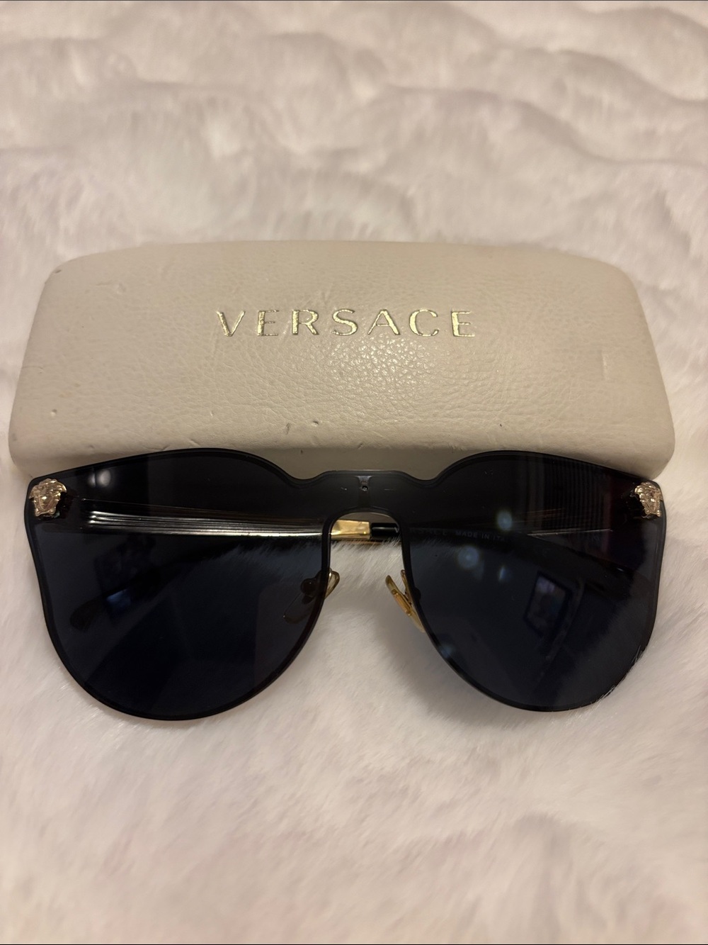 Versace Black Shield Sunglasses with Gold Trim